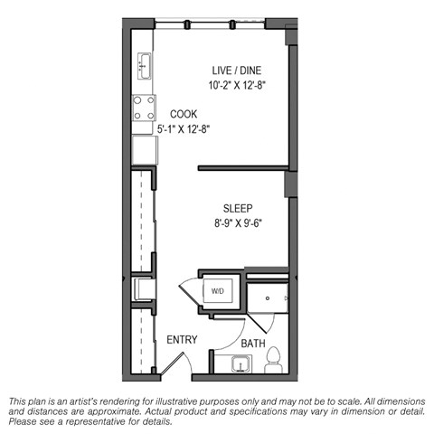 Floor plan for 1 bed, 1 bath, 541 sqft